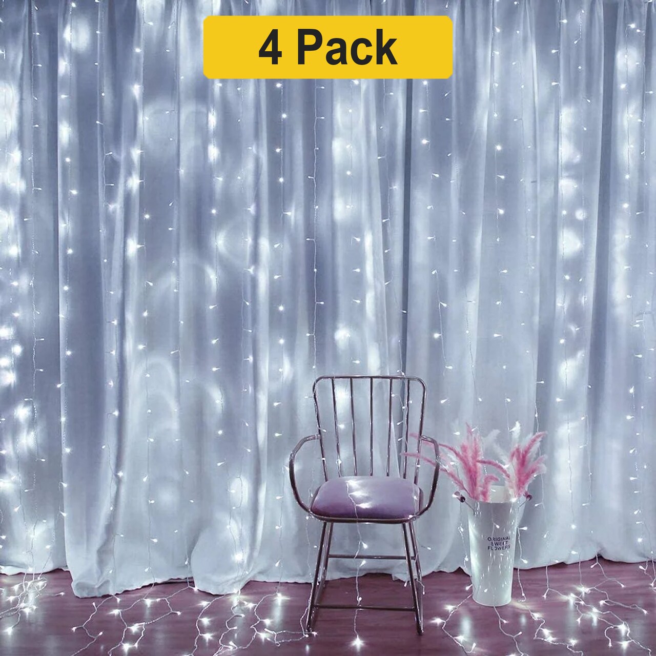 Plug-In 300 LED Curtain Lights — 12 Strands with 8 Light Effects, 9x9 ft